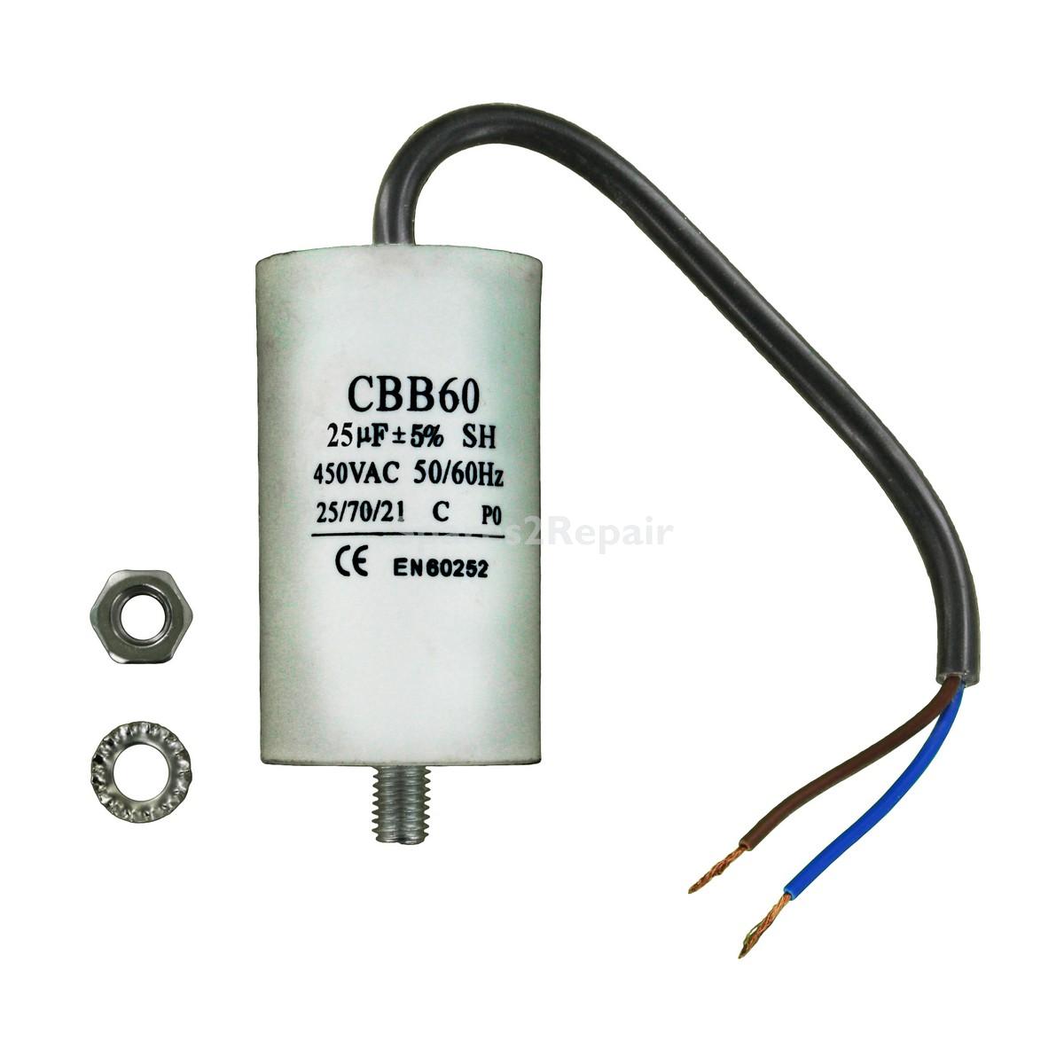 Universal Capacitor (25uF / 25MFD, 450VAC) with 21.5cm Cable Connectors